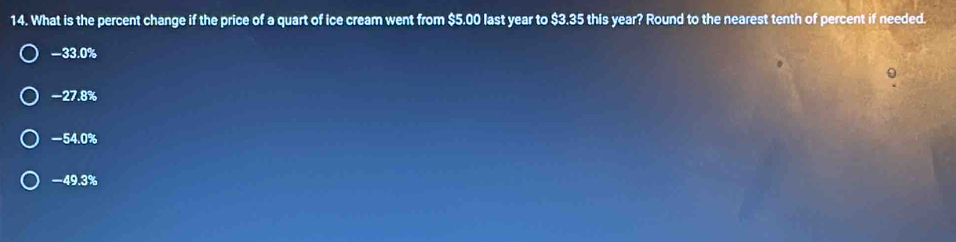 What is the percent change if the price of a quart of ice cream went from $5.00 last year to $3.35 this year? Round to the nearest tenth of percent if needed.
-33.0%
-27.8%
-54.0%
-49.3%