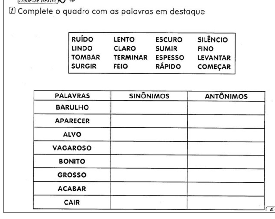 LIGdE-SE NESTA! 
① Complete o quadro com as palavras em destaque