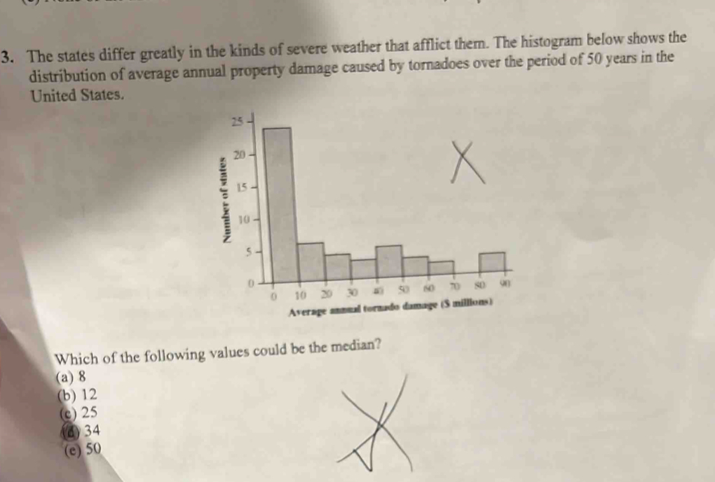 The states differ greatly in the kinds of severe weather that afflict them. The histogram below shows the
distribution of average annual property damage caused by tornadoes over the period of 50 years in the
United States.
Ave
Which of the following values could be the median?
(a) 8
(b) 12
(c) 25
▲) 34
(e) 50