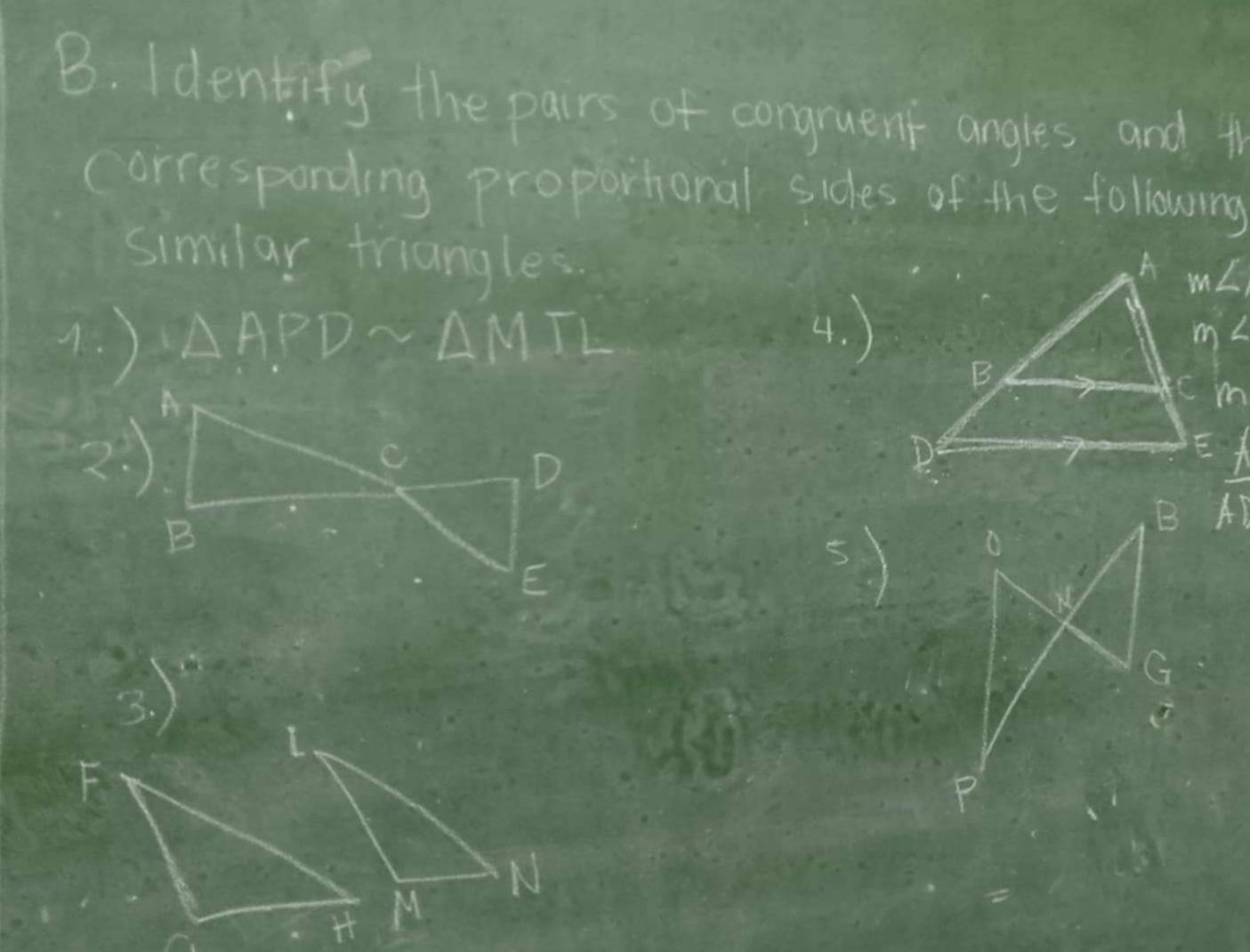 Identify the pairs of congruent angles and *
corresponding proporhonal sides of the following
similar triangles
4. ) △ APDsim △ MTL 4. )
A)
5
3.