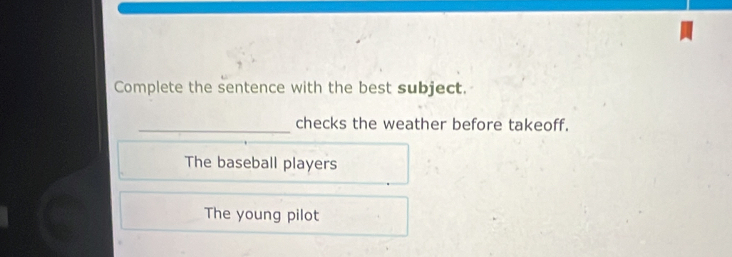 Complete the sentence with the best subject.
_checks the weather before takeoff.
The baseball players
The young pilot