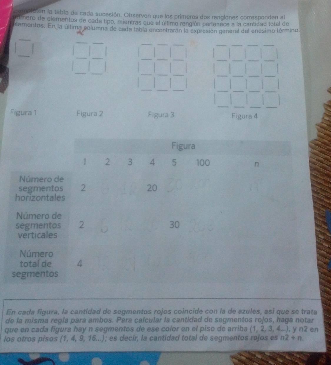 Completen la tabla de cada sucesión. Observen que los primeros dos renglones corresponden al 
número de elementos de cada tipo, mientras que el último renglón pertenece a la cantidad total de 
elementos. En la última columna de cada tabla encontrarán la expresión general del enésimo término. 
_ 
_ 
_ 
__ 
_ 
__ 
_ 
_ 
_ 
_ 
_ 
_ 
_ 
_ 
__ 
_ 
_ 
_ 
_ 
_ 
__ 
__ 
__ 
_ 
_ 
_ 
_ 
_ 
Figura 1 Figura 2 Figura 3 Figura 4 
En cada figura, la cantidad de segmentos rojos coincide con la de azules, así que se trata 
de la misma regla para ambos. Para calcular la cantidad de segmentos rojos, haga notar 
que en cada figura hay n segmentos de ese color en el piso de arriba (1,2,3,4...) , y n2 en 
los otros pisos (1,4,9,16...); es decir, la cantidad total de segmentos rojos es n2+n.