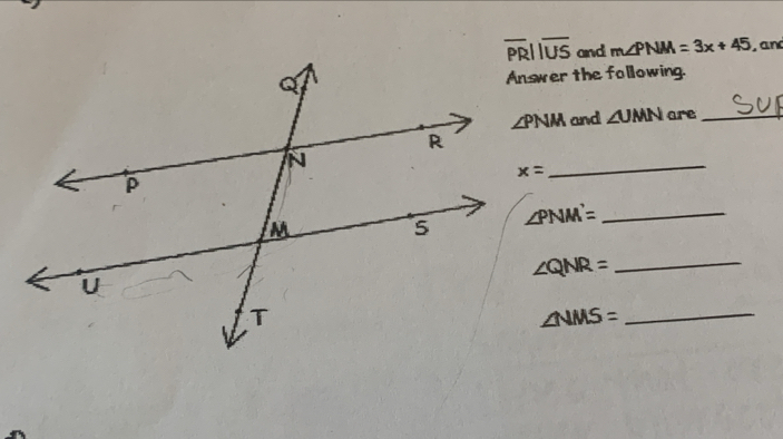 and m∠ PNM=3x+45 ,and
Answer the following.
and ∠ UMN are_
_
∠ PNM'= _
∠ QNR= _
_ ∠ NMS=