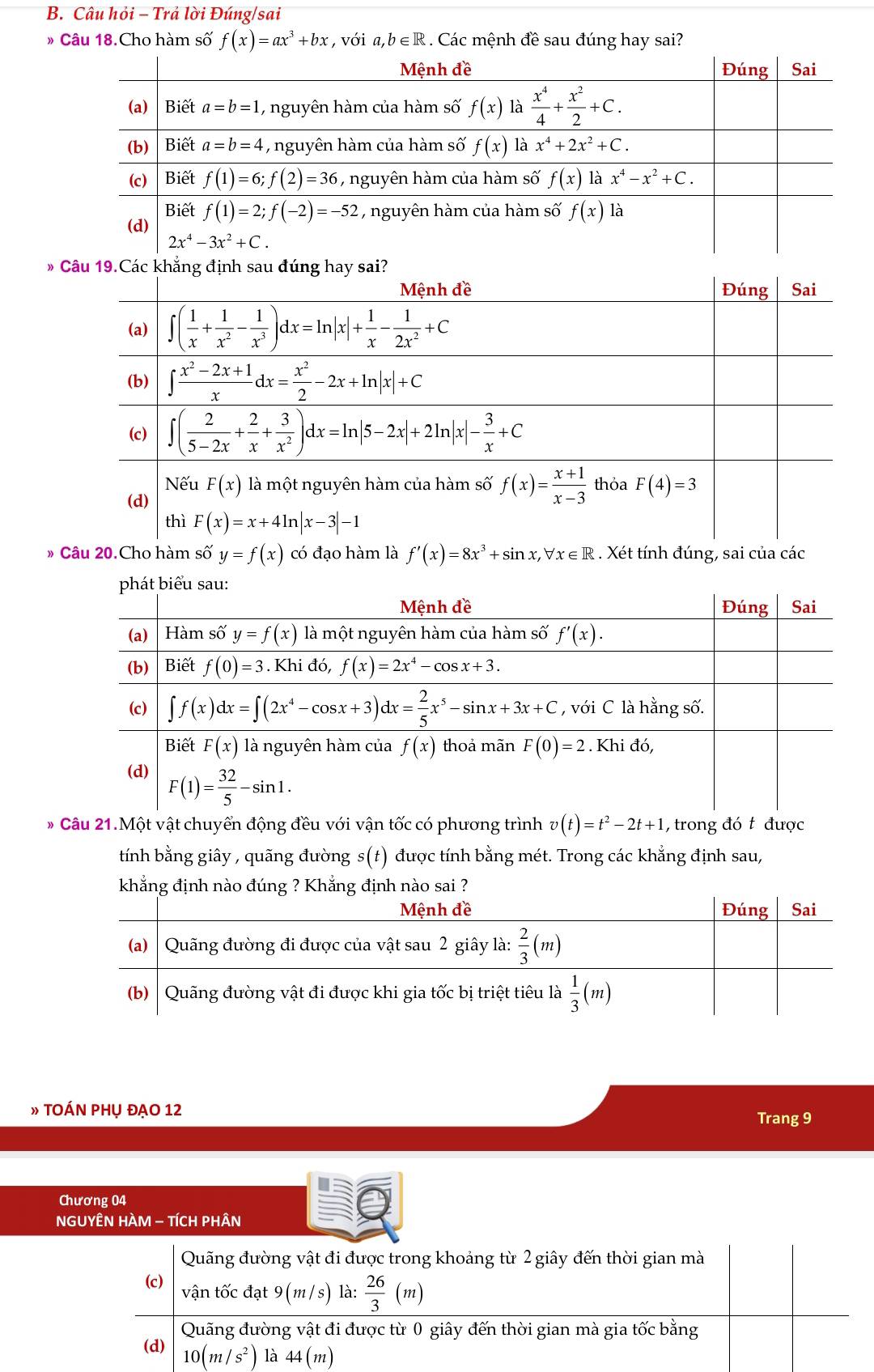 Câu hỏi - Trả lời Đúng/sai
» Câu 18.Cho hàm số f(x)=ax^3+bx,voia,b∈ R :   Các mệnh đề sau đúng hay sai?
» 
Câu 20.Cho hàm y=f(x) có đạo hàm là f'(x)=8x^3+sin x,forall x∈ R. Xét tính đúng, sai của các
* Câu 21.Một vật chuyển động đều với vận tốc có phương trình v(t)=t^2-2t+1 , trong đó t được
tính bằng giây , quãng đường s(t) được tính bằng mét. Trong các khẳng định sau,
» TOÁn Phụ đẠo 12
Trang 9
Chương 04
NGUYÊN HÀM - TÍCH PHÂN
Quãng đường vật đi được trong khoảng từ 2 giây đến thời gian mà
(c) vwidehat antwidehat ocdat9(m/s) là:  26/3 (m)
Quãng đường vật đi được từ 0 giây đến thời gian mà gia tốc bằng
(d) 10(m/s^2) là 44(m)