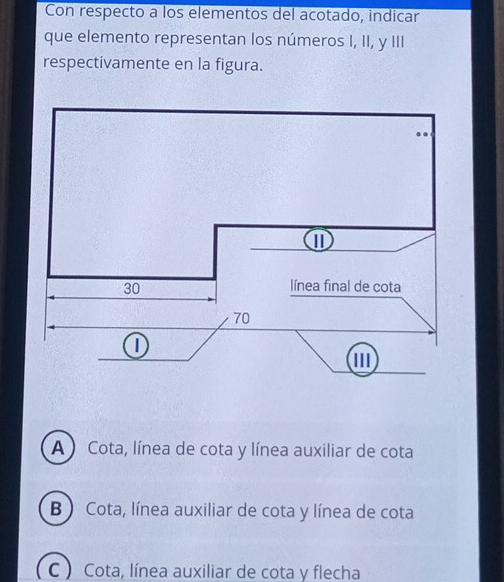 Con respecto a los elementos del acotado, indicar
que elemento representan los números I, II, y III
respectivamente en la figura.
A ) Cota, línea de cota y línea auxiliar de cota
B  Cota, línea auxiliar de cota y línea de cota
C  Cota, línea auxiliar de cota y flecha