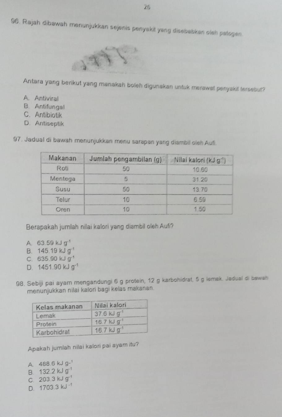 26
96. Rajah dibawah menunjukkan sejenis penyakit yang disebabkan oleh pategen.
Antara yang berikut yang manakah boleh digunakan untuk merawat penyakit tersebut?
A. Antiviral
B. Antifungal
C. Antibiotik
D. Antiseptik
97, Jadual di bawah menunjukkan menu sarapan yang diambil oleh Aufi.
Berapakah jumlah nilai kalori yang diambil oleh Aufi?
A. 63.59kJg^(-1)
B. 145.19kJg^(-1)
C. 635.90kJg^(-1)
D. 1451.90kJg^(-1)
98. Sebiji pai ayam mengandungi 6 g protein, 12 g karbohidrat, 5 g lemak. Jadual di bawah
menunjukkan nilai kalori bagi kelas makanan.
Apakah jumlah nilai kalori pai ayam itu?
A 488.6kJg^(-1)
B. 132.2kJg^(-1)
C 203.3kJg^(-1)
D. 1703.3kJ^(-1)