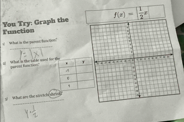 You Try: Graph the
f(x)=| 1/2 x
Function 
1) What is the parent function? 
_ 
2) What is the table used for 
parent function? 
3) What _ rethestreten(snrink) _ 
1300= 
_ 
□