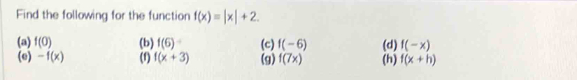 Find the following for the function f(x)=|x|+2. 
(a) f(0) (b) f(6) (c) f(-6) (d) f(-x)
(e) -f(x) (f) f(x+3) (g) f(7x) (h) f(x+h)