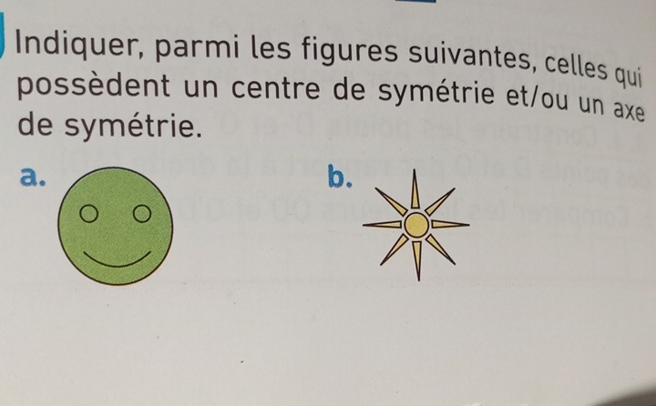 Indiquer, parmi les figures suivantes, celles qui 
possèdent un centre de symétrie et/ou un axe 
de symétrie. 
a. 
b.