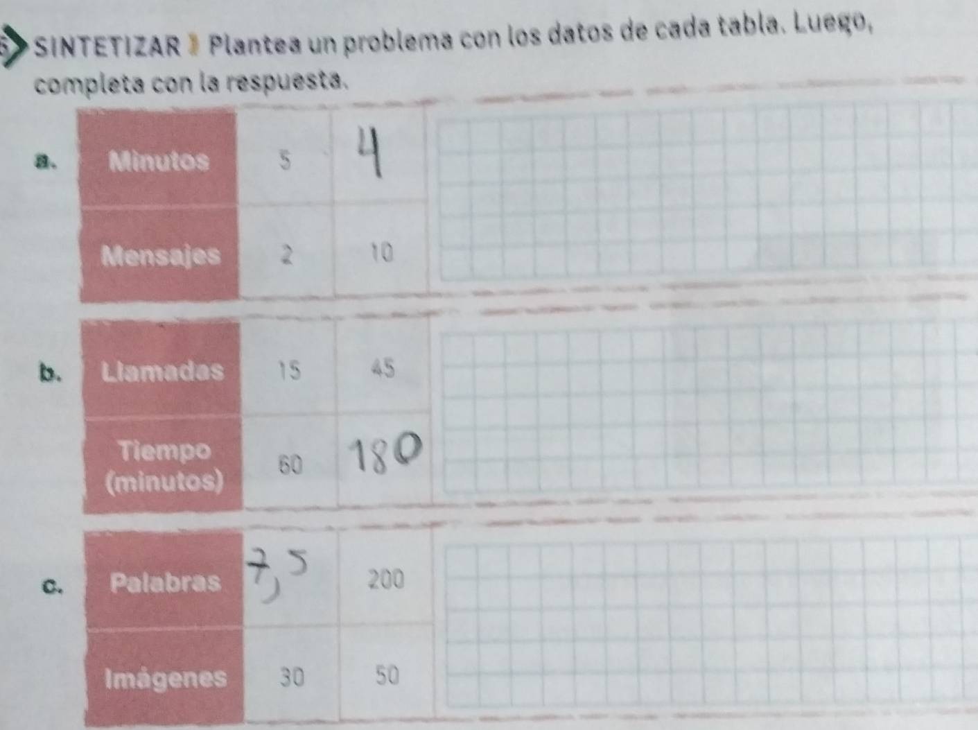 SINTETIZAR » Plantea un problema con los datos de cada tabla. Luego, 
completa con la respuesta. 
a 
b 
c. Palabras 2 5
200
Imágenes 30 50