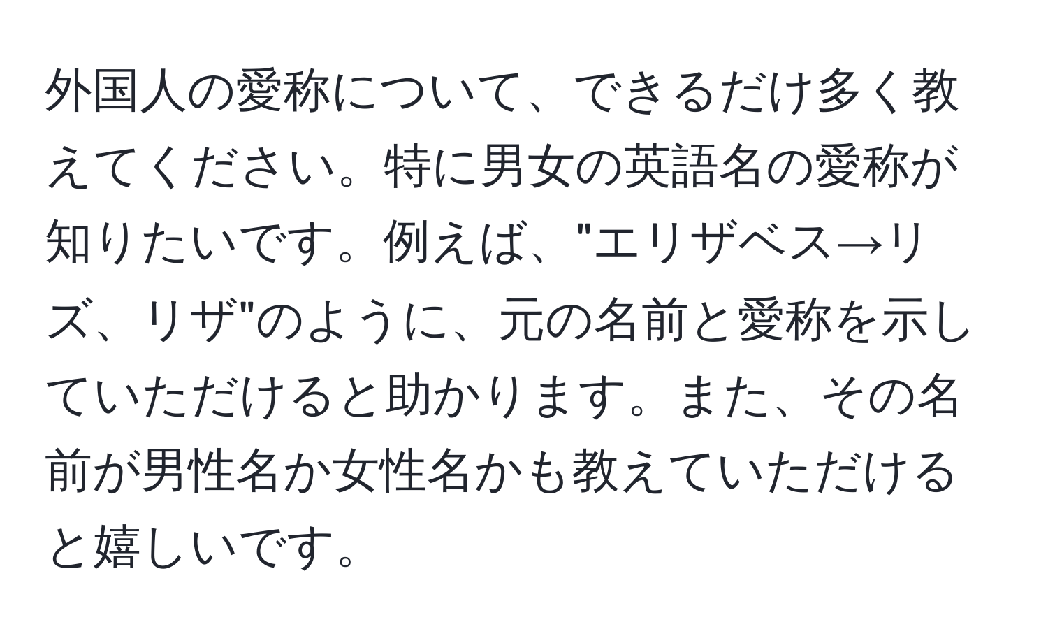 外国人の愛称について、できるだけ多く教えてください。特に男女の英語名の愛称が知りたいです。例えば、"エリザベス→リズ、リザ"のように、元の名前と愛称を示していただけると助かります。また、その名前が男性名か女性名かも教えていただけると嬉しいです。