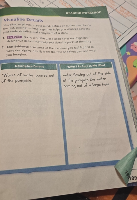 Due 
READING WORKSHOP 
Visualize Details 
Visualize, or picture in your mind, details an author describes in 
the text. Descriptive language that helps you visualize deepens 
your understanding and enjoyment of a story. 
1. Go back to the Close Read notes and highlight 
descriptive details that help you visualize parts of the story. 
2. Text Evidence Use some of the evidence you highlighted to 
write descriptive details from the text and then describe what 
you imagine. 
Descriptive Details What I Picture in My Mind 
“Waves of water poured out water flowing out of the side 
of the pumpkin." of the pumpkin like water 
coming out of a large hose 
99