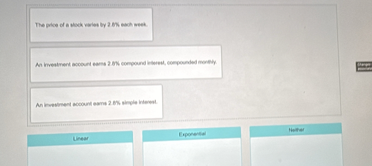 The price of a stock varies by 2.8% each week.
An investment account earns 2.8% compound interest, compounded monthly.
An investment account earns 2.8% simple interest.
Linear Exponential Noither