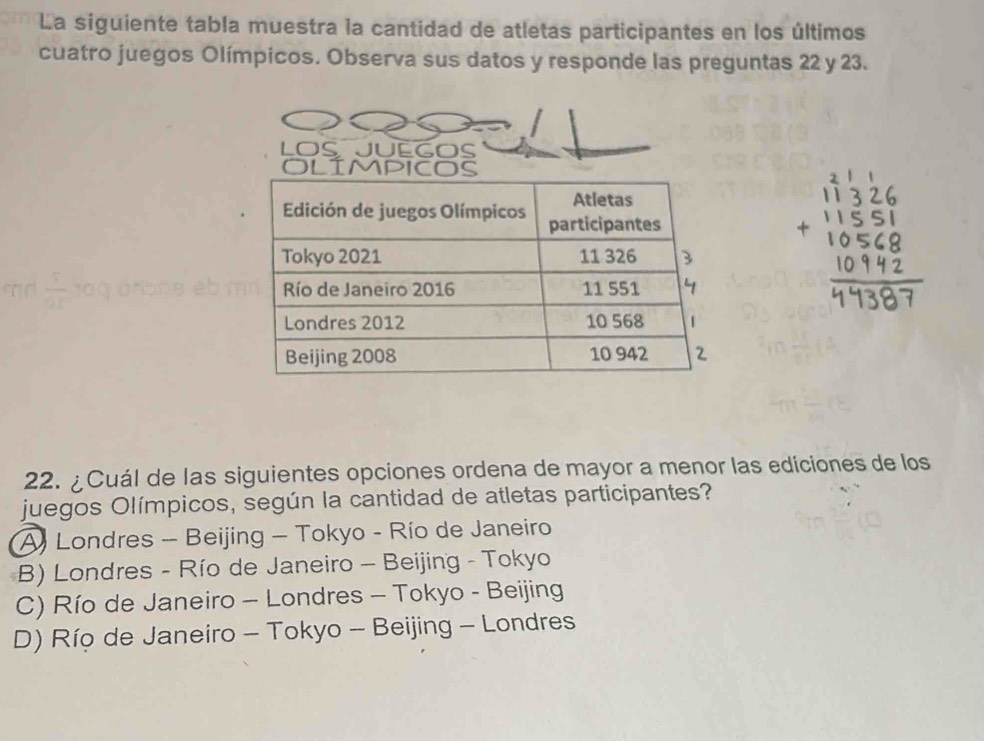 La siguiente tabla muestra la cantidad de atletas participantes en los últimos
cuatro juegos Olímpicos. Observa sus datos y responde las preguntas 22 y 23.
LOS JUEGOS
22. ¿ Cuál de las siguientes opciones ordena de mayor a menor las ediciones de los
juegos Olímpicos, según la cantidad de atletas participantes?
A Londres - Beijing - Tokyo - Río de Janeiro
B) Londres - Río de Janeiro - Beijing - Tokyo
C) Río de Janeiro - Londres - Tokyo - Beijing
D) Río de Janeiro - Tokyo - Beijing - Londres