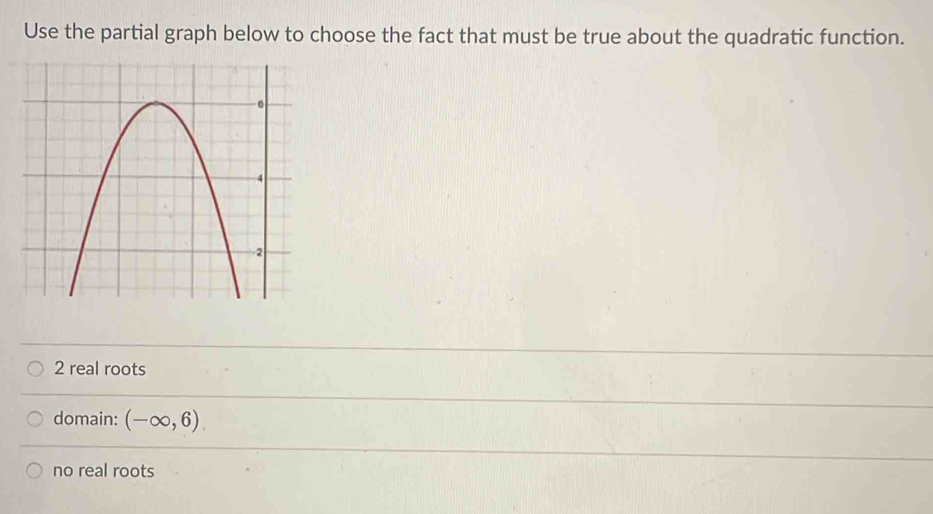 Use the partial graph below to choose the fact that must be true about the quadratic function.
2 real roots
domain: (-∈fty ,6)
no real roots