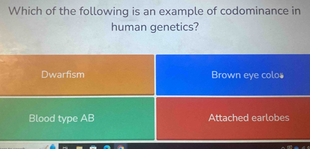 Which of the following is an example of codominance in
human genetics?
Dwarfism Brown eye colos
Blood type AB Attached earlobes