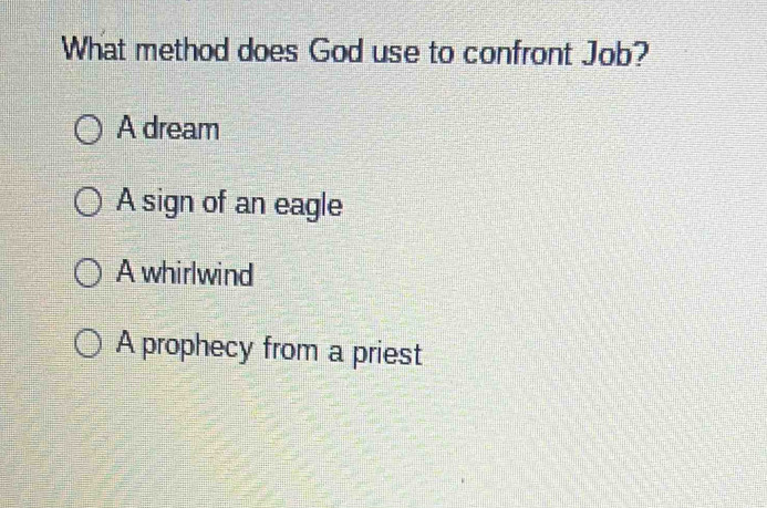 What method does God use to confront Job?
A dream
A sign of an eagle
A whirlwind
A prophecy from a priest