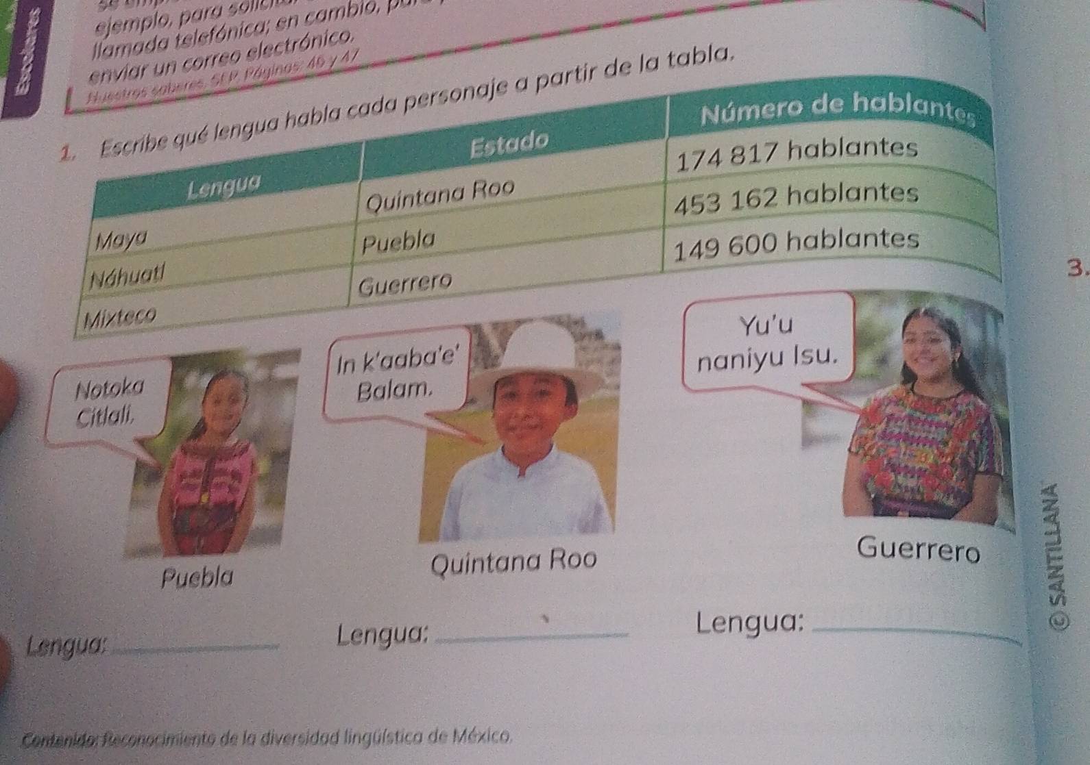 ejemplo , para so i t 
tlamada telefónica; en cambio, pul
un correo electrónico.
nas: 46 y 47
de la tabla.
.
Notoka In k'aaba'e'
naniyu Isu.
Citlali. Balam.
Puebla Quintana Roo
Guerrero
Lengua:_
Lengua:_
Lengua:_
Contenido: Reconocimiento de la diversidad lingüística de México.