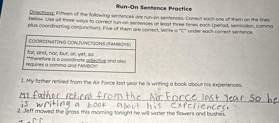 Solved: Run-On Sentence Practice Directions: Fifteen of the following ...