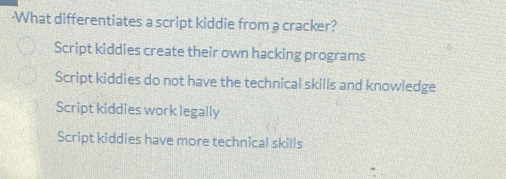 ·What differentiates a script kiddie from a cracker?
Script kiddies create their own hacking programs
Script kiddies do not have the technical skills and knowledge
Script kiddies work legally
Script kiddies have more technical skills