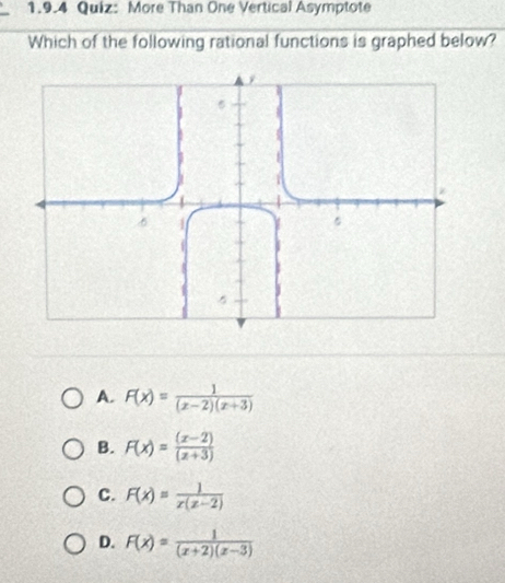 More Than One Vertical Asymptote
Which of the following rational functions is graphed below?
A. F(x)= 1/(x-2)(x+3) 
B. F(x)= ((x-2))/(x+3) 
C. F(x)= 1/x(x-2) 
D. F(x)= 1/(x+2)(x-3) 