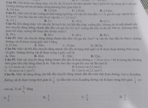 Cầu 50. Một đoàn tàu đang chạy với tốc độ 36 km/h thì hăm phanh. Sau 2 phút thi tàu đừng lại ở sân ga:
Quảng đường mả tàu đi được trong khoảng thời gian trên là
A. 0.6 km. B. 1,2 km C. 1.8 km D. 2.4 km.
Câu 51. Một viên bị lăn xuống từ một máng nghiêng với vận tốc ban đầu v_0=0 gi tố c của viên bị là a ==
f 5m/s^2. Sau bạo lâu thi viên bì có vận tốc v=2.5
A. 2,5 s. B. 5 s. m/s? C. 10 s. D. 0.2 s.
Cầu 52. Khi đang chay với vận tốc 36 km/h thi ôtô bắt đầu chay xuống đốc; Nhưng do bị mắt phanh nên
ốtô chuyên động thắng nhanh dân đều với gia tốc 0.2m/s^2 xuống hết đốc có độ dài 960 m. Khoảng thời
gian ôtô chạy xuồng hết đoạn đốc là hao nhiêu?
A. 30 s. B. 40 s. C. 60 s. D. 80 s.
Câu 53. Một vật chuyển động thắng nhanh dẫn đều với gia tốc 5m/s^2 và vận tốc ban đầu là 10m/s. Quãng
đường vật đi được trong giây thứ 5 bảng C. 35.6m D. 28.7m.
A.32.5m. B. 50m.
Câu 54: Một vật bắt đầu chuyển động nhanh dẫn đều từ trạng thái nghi và đi được đoạn đường 50m trong
10 giây. Quảng đường vật đi được trong 4 giây cuối là
A. 36m. B. 40m. C. 18m. D. 32m.
Cầu 55: Một vật chuyên động thăng nhanh dân đều đi đoạn đường s_1=24m và s_2=64m
thời gian liên tiếp băng nhau là 4s. Vận tốc ban đầu và gia tốc của vật lần lượt là trong hai khoàng
A. 2,5 (m/s) và 1(m/s^2). B. 6(m/s)va2.5(m/s^2).
C. 16 (m/s) và 3(m/s^2). D. 1(m/s) và 2.5(m/s^2).
Câu 56. Một vật đang đứng yên bắt đầu chuyển động nhanh dẫn đều trên một đoạn đường. Gọi s; là quãng
đường vật đi được trong thời gian là  t/2  (s) đầu tiên và s2 là quãng đường vật đi được trong thời gian  t/2  (s)
còn lại. Tì số frac s_1s_2 bảng
A.  1/2 · B.  1/3 · C.  1/4 · D.  1/6 ·