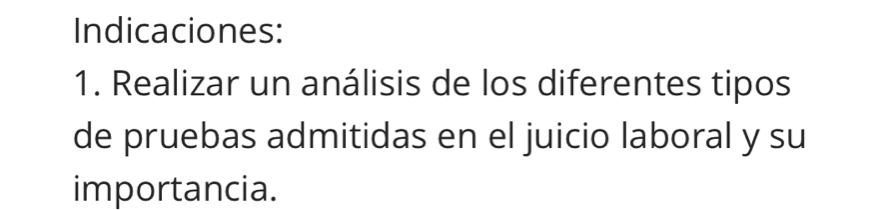 Indicaciones: 
1. Realizar un análisis de los diferentes tipos 
de pruebas admitidas en el juicio laboral y su 
importancia.