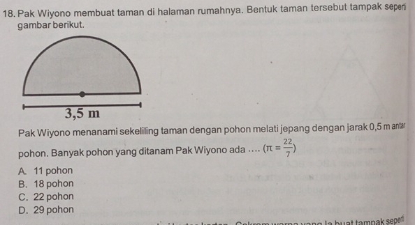 Pak Wiyono membuat taman di halaman rumahnya. Bentuk taman tersebut tampak seperi
gambar berikut.
Pak Wiyono menanami sekeliling taman dengan pohon melati jepang dengan jarak 0,5 m antar
pohon. Banyak pohon yang ditanam Pak Wiyono ada .... (π = 22/7 )
A. 11 pohon
B. 18 pohon
C. 22 pohon
D. 29 pohon
b u at tampak sepert