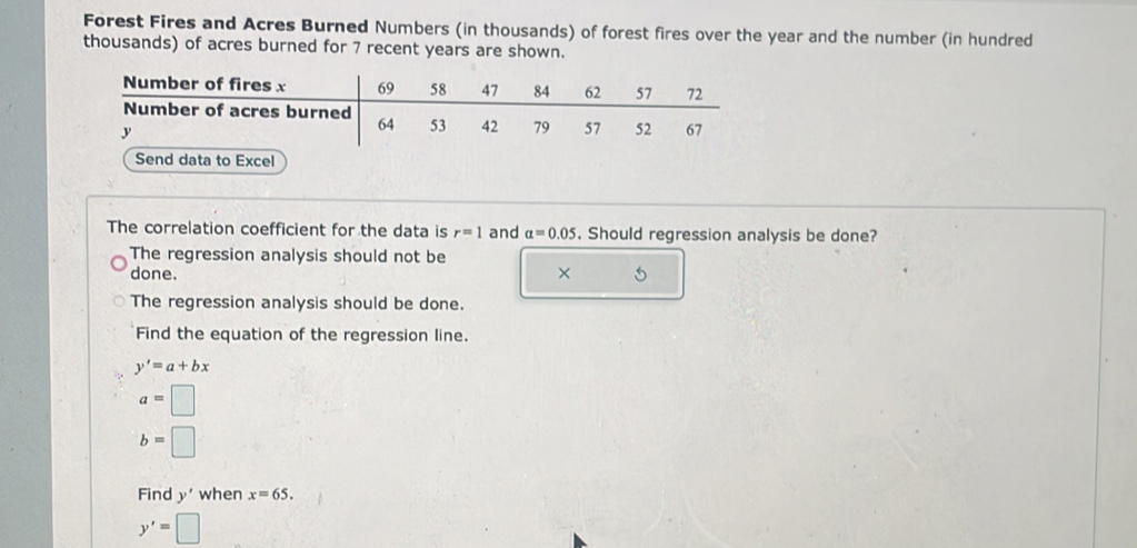 Forest Fires and Acres Burned Numbers (in thousands) of forest fires over the year and the number (in hundred
thousands) of acres burned for 7 recent years are shown.
Send data to Excel
The correlation coefficient for the data is r=1 and alpha =0.05. Should regression analysis be done?
The regression analysis should not be
done.
×
The regression analysis should be done.
Find the equation of the regression line.
y'=a+bx
a=□
b=□
Find y' when x=65.
y'=□