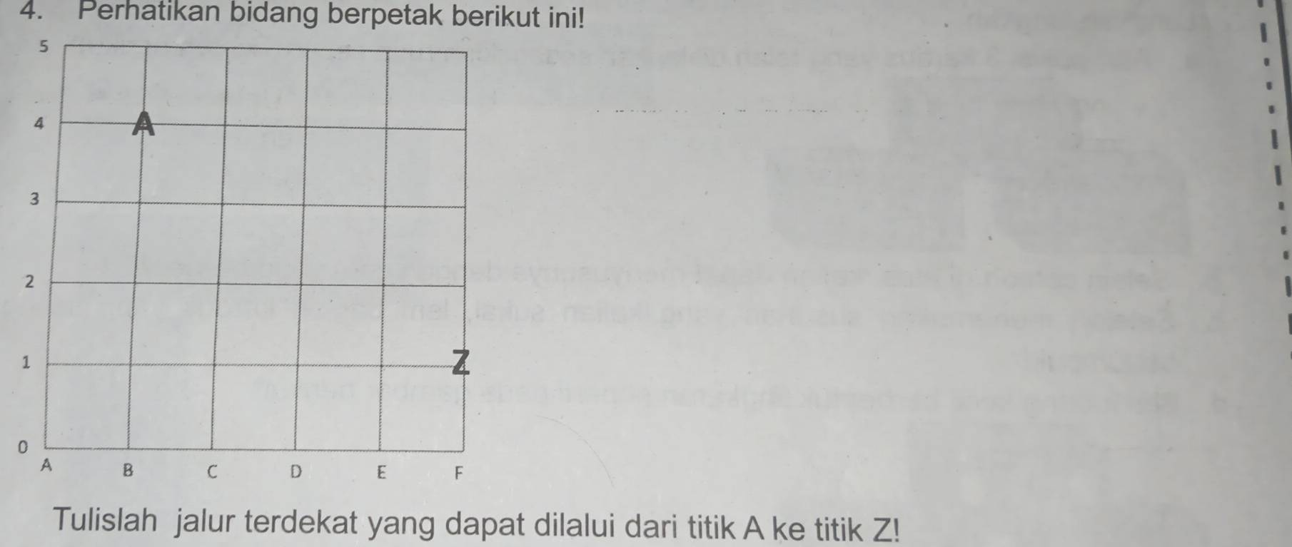 Perhatikan bidang berpetak berikut ini! 
1
0
Tulislah jalur terdekat yang dapat dilalui dari titik A ke titik Z!