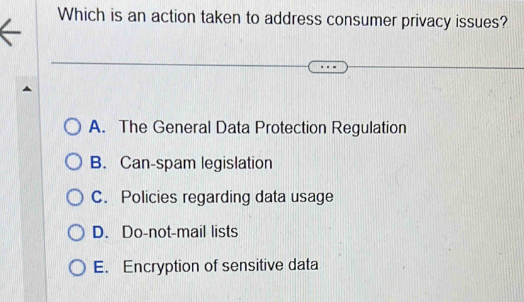 Which is an action taken to address consumer privacy issues?
A. The General Data Protection Regulation
B. Can-spam legislation
C. Policies regarding data usage
D. Do-not-mail lists
E. Encryption of sensitive data