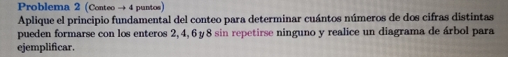 Problema 2 (Conteo → 4 puntos) 
Aplique el principio fundamental del conteo para determinar cuántos números de dos cifras distintas 
pueden formarse con los enteros 2, 4, 6 y 8 sin repetirse ninguno y realice un diagrama de árbol para 
ejemplificar.