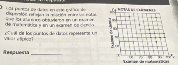 Los puntos de datos en este gráfico de 
dispersión reflejan la relación entre las notas 
que los alumnos obtuvieron en un examen 
de matemática y en un examen de ciencia. 
¿Cuál de los puntos de datos representa un 
valor atípico? 
Respuesta _