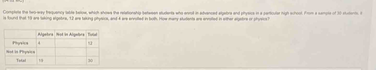 Complete the two-way frequency table below, which shows the relationship between students who enroll in advanced algebra and physics in a particular high school. From a sample of 30 students. i 
is found that 19 are taking algebra, 12 are taking physics, and 4 are enrolled in both. How many students are enrolled in either algebra or physics?