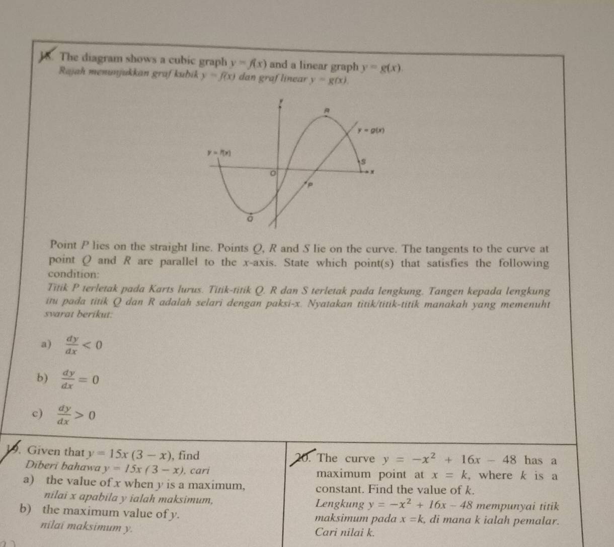 Selesai:J8. The diagram shows a cubic graph y=f(x) and a linear graph y ...