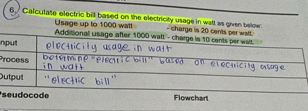 Calculate electric bill based on the electricity usage in watt as give 
Usage up to 10
n
P
O 
se Flowchart