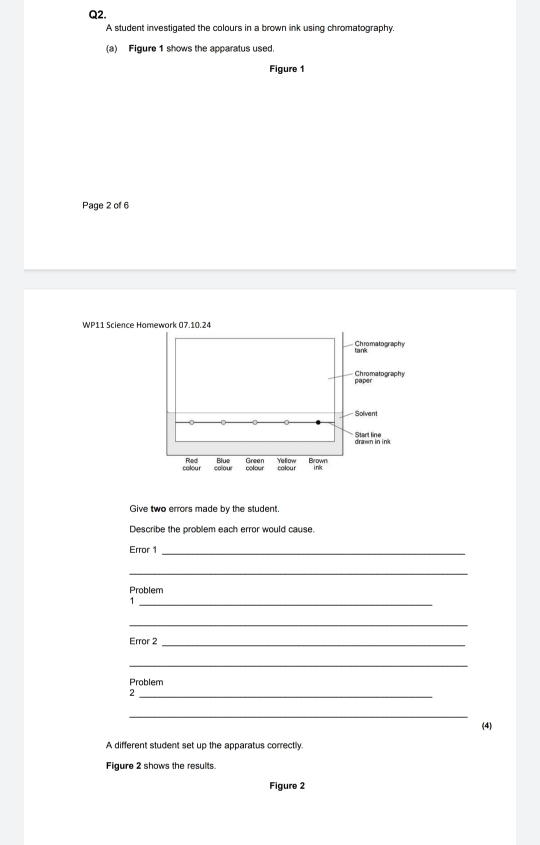 A student investigated the colours in a brown ink using chromatography. 
(a) Figure 1 shows the apparatus used. 
Figure 1 
Page 2 of 6 
WP11 Science Homework 07.10.24 
Chromatography 
tank 
paper Chromatography 
Solvent 
Start line 
colour colou Red Blue Green Yellow Brown 
colour colour ink 
Give two errors made by the student. 
Describe the problem each error would cause. 
Error 1_ 
_ 
Problem 
_1 
_ 
Error 2 
_ 
_ 
Problem 
_2 
_ 
(4) 
A different student set up the apparatus correctly. 
Figure 2 shows the results 
Figure 2