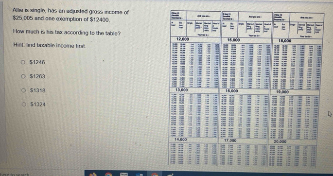 Allie is single, has an adjusted gross income of
$25,005 and one exemption of $12400.
How much is his tax according to the table?
Hint: find taxable income first.
$1246
$1263
$1318
S1324