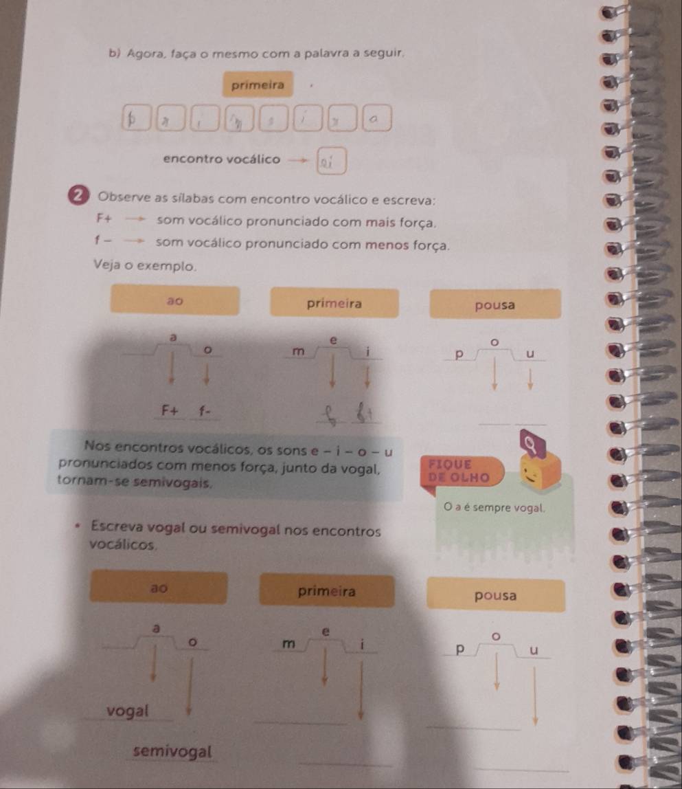 Agora, faça o mesmo com a palavra a seguir. 
primeira
v_b  。 
encontro vocálico Qi 
2 Observe as sílabas com encontro vocálico e escreva: 
F+ som vocálico pronunciado com mais força. 
f - som vocálico pronunciado com menos força. 
Veja o exemplo. 
a0 
primeira pousa 
a 
e 
。 
_ 
m 
D u 
E⊥ ∠ 
_ 
_ 
_ 
Nos encontros vocálicos, os sons e -i- o - u 
pronunciados com menos força, junto da vogal, DE OLHO FIQUE 
tornam-se semivogais. 
O a é sempre vogal. 
Escreva vogal ou semivogal nos encontros 
vocálicos 
ao 
primeira pousa 
a 
e 
。 
m i 
p u 
_ 
_ 
_vogal_ 
_ 
_ 
semivogal