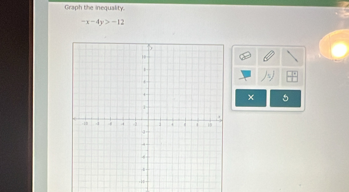 Graph the inequality.
-x-4y>-12
×