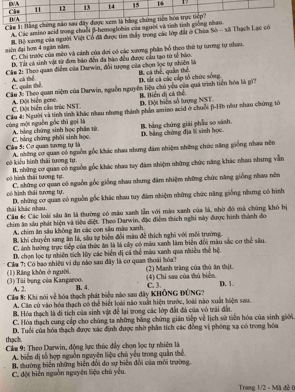 Bằng c
A. Các amino acid trong chuỗi β-hemoglobin của người và tinh 
B. Bộ xương của người Việt Cổ đã được tìm thấy trong các lớp đất ở Chùa Sò - xã Thạch Lạc có
niên đại hơn 4 ngàn năm.
C. Chi trước của mèo và cánh của dơi có các xương phân bố theo thứ tự tương tự nhau.
D. Tất cả sinh vật từ đơn bào đến đa bào đều được cấu tạo từ tế bào.
Câu 2: Theo quan điểm của Darwin, đối tượng của chọn lọc tự nhiên là
A. cá thể. B. cá thể, quần thể.
C. quần thể. D. tất cả các cấp tổ chức sống.
Câu 3: Theọ quan niệm của Darwin, nguồn nguyên liệu chủ yếu của quá trình tiến hóa là gì?
A. Đột biến gene. B. Biến dị cá thể.
C. Đột biến cấu trúc NST. D. Đột biến số lượng NST.
Câu 4: Người và tịnh tinh khác nhau nhưng thành phần amino acid ở chuỗi β-Hb như nhau chứng tỏ
cùng một nguồn gốc thì gọi là
A. bằng chứng sinh học phân tử. B. bằng chứng giải phẫu so sánh.
C. bằng chứng phôi sinh học. D. bằng chứng địa lí sinh học.
Câu 5: Cơ quan tương tự là
A. những cơ quan có nguồn gốc khác nhau nhưng đảm nhiệm những chức năng giống nhau nên
có kiểu hình thái tương tự.
B. những cơ quan có nguồn gốc khác nhau tuy đảm nhiệm những chức năng khác nhau nhưng vẫn
có hình thái tương tự.
C. những cơ quan có nguồn gốc giống nhau nhưng đảm nhiệm những chức năng giống nhau nên
có hình thái tương tự.
D. những cơ quan có nguồn gốc khác nhau tuy đảm nhiệm những chức năng giống nhưng có hình
thái khác nhau.
Câu 6: Các loài sâu ăn lá thường có màu xanh lẫn với màu xanh của lá, nhờ đó mà chúng khó bị
chim ăn sâu phát hiện và tiêu diệt. Theo Darwin, đặc điểm thích nghi này được hình thành do
A. chim ăn sâu không ăn các con sâu màu xanh.
B. khi chuyển sang ăn lá, sâu tự biến đổi màu để thích nghi với môi trường.
C. ảnh hưởng trực tiếp của thức ăn là lá cây có màu xanh làm biến đổi màu sắc cơ thể sâu.
D. chọn lọc tự nhiên tích lũy các biến dị cá thể màu xanh qua nhiều thế hệ.
Câu 7: Có bao nhiêu ví dụ nào sau đây là cơ quan thoái hóa?
(1) Răng khôn ở người. (2) Manh tràng của thú ăn thịt.
(3) Túi bụng của Kangaroo. (4) Chi sau của thú biển.
A. 2. B. 4. C. 3.
D. 1.
Câu 8: Khi nói về hóa thạch phát biểu nào sau đây KHÔNG ĐÚNG?
A. Căn cứ vào hóa thạch có thể biết loài nào xuất hiện trước, loài nào xuất hiện sau.
B. Hóa thạch là di tích của sinh vật để lại trong các lớp đất đá của vỏ trái đất.
C. Hóa thạch cung cấp cho chúng ta những bằng chứng gián tiếp về lịch sử tiến hóa của sinh giới.
D. Tuổi của hóa thạch được xác định được nhờ phân tích các đồng vị phóng xạ có trong hóa
thạch.
Câu 9: Theo Darwin, động lực thúc đầy chọn lọc tự nhiên là
A. biến dị tổ hợp nguồn nguyên liệu chủ yếu trong quần thể.
B. thường biến những biến đổi do sự biến đổi của môi trường.
C. đột biến nguồn nguyên liệu chủ yếu.
Trang 1/2 - Mã đề 0