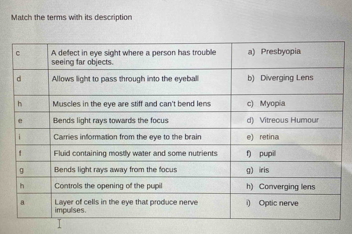 Match the terms with its description