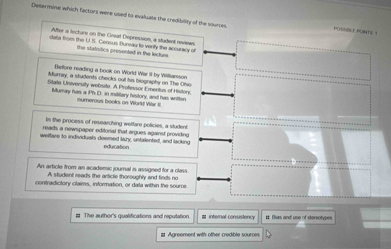 Determine which factors were used to evaluate the credibility of the sources. 
POSSIBLE POINTS 1 
After a lecture on the Great Depression, a student reviews 
data from the U.S. Census Bureau to verify the accuracy of 
the statistics presented in the lecture 
Before reading a book on World War II by Williamson 
Murray, a students checks out his biography on The Ohio 
State University website. A Professor Emeritus of History, 
Murray has a Ph.D. in military history, and has written 
numerous books on World War II. 
In the process of researching welfare policies, a student 
reads a newspaper editorial that argues against providing 
welfare to individuals deemed lazy, untalented, and lacking 
education. 
An article from an academic journal is assigned for a class. 
A student reads the article thoroughly and finds no 
contradictory claims, information, or data within the source. 
# The author's qualifications and reputation. : internal consistency = Bias and use of stereotypes 
# Agreement with other credible sources