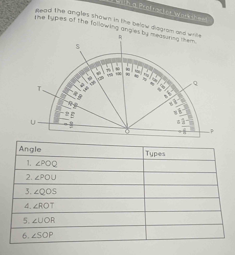 with a Protractor Worksheet
Read the angles shown in the below diagram and write