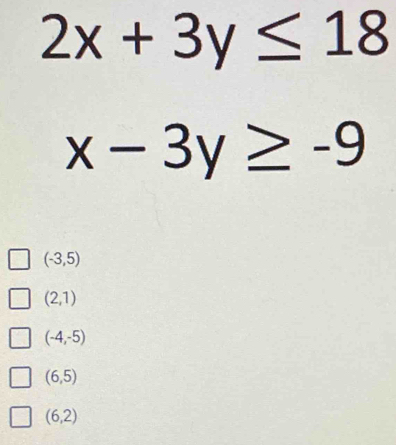 2x+3y≤ 18
x-3y≥ -9
(-3,5)
(2,1)
(-4,-5)
(6,5)
(6,2)