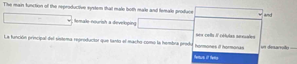 The main function of the reproductive system that male both male and female produce
and
; female-nourish a developing
sex cells // células sexuales
La función principal del sistema reproductor que tanto el macho como la hembra produ hormones // hormonas un desarrollo
fetus // feto