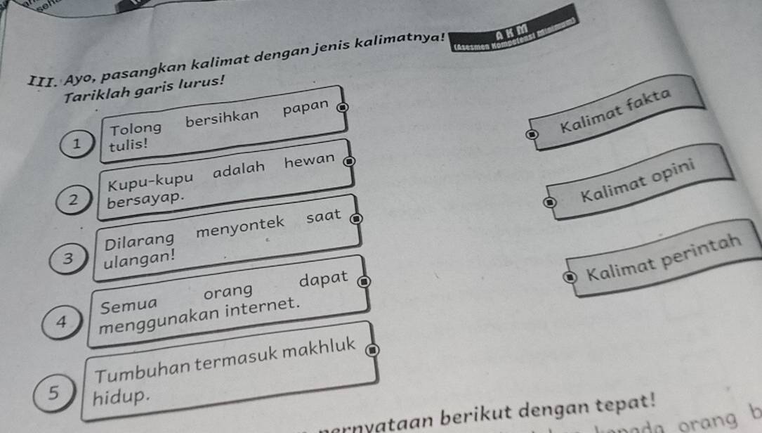 (Ases 
III. Ayo, pasangkan kalimat dengan jenis kalimatnya! A K M 
Tariklah garis lurus! 
Kalimat fakta 
Tolong bersihkan papan 
1 tulis! 
Kupu-kupu adalah hewan 
2 bersayap. 
Kalimat opini 
Dilarang menyontek saat 
Kalimat perintah 
3 ulangan! 
Semua orang dapat 
4 menggunakan internet. 
Tumbuhan termasuk makhluk 
5 hidup. 
arnyataan berikut dengan tepat! 
a da orang b