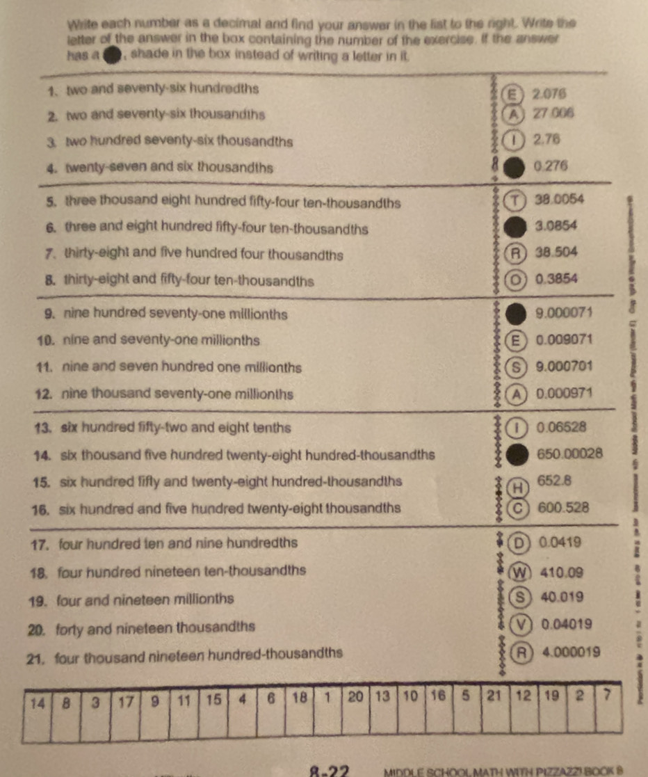 Write each number as a decimal and find your answer in the list to the right. Write the 
letter of the answer in the box containing the number of the exercise. If the answer
1
1
1
1
1
1
1
1
19
20
21
a- 22 MIDOLE SCHOOL MATH WITH PIZZAZZ! BOOK 8