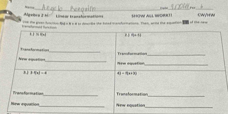 Name Date_ yer_
Algebra 2 H Linear transformations SHOW ALL WORK!! CW/HW
Use the given function f(x)=x+4 to describe the listed transformations. Then, write the equation on of the new
transform