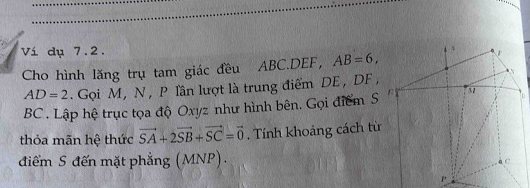 Ví dụ 7.2. 
Cho hình lăng trụ tam giác đều ABC. DEF, AB=6,
AD=2. Gọi M, N , P lần lượt là trung điểm DE , DF ,
BC. Lập hệ trục tọa độ Oxyz như hình bên. Gọi điểm S 
D 
thỏa mãn hệ thức vector SA+2vector SB+vector SC=vector 0. Tính khoảng cách từ 
điểm S đến mặt phẳng (MNP).